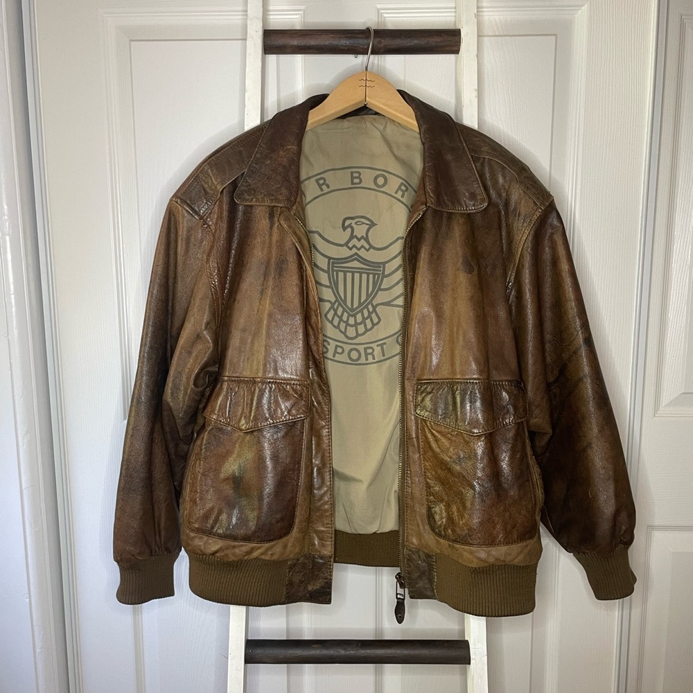 Vintage Air Borne Paris Sport Club Brown Genuine Leather Jacket Mens Med
